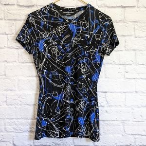 Norma Kamali Splatter Print Tee M Black White Blue Stretch Jersey T Shirt Top